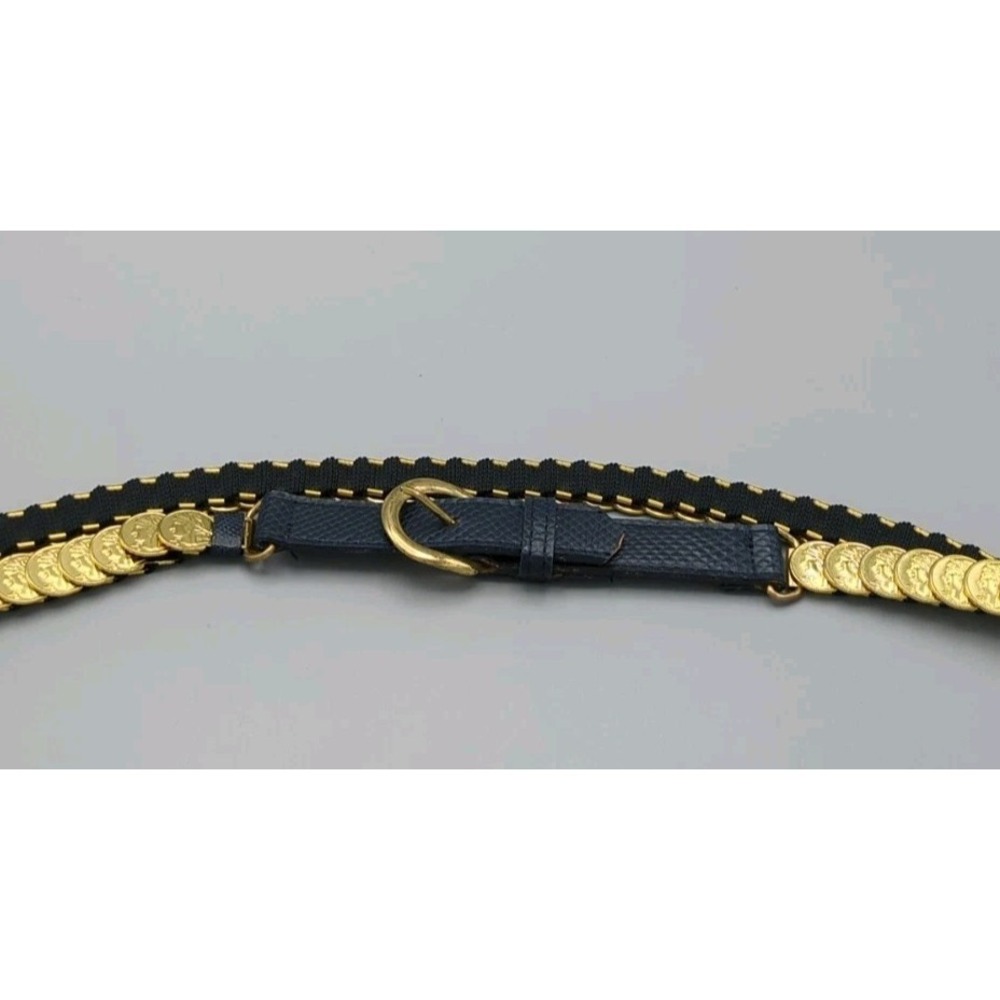 VTG 80s Gold Roman Coin Belt Snake Embossed Vinyl Navy Chain Womens Size Small